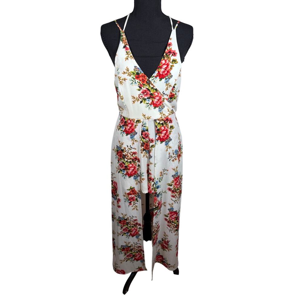 Mi Ami Womens Medium Floral Wide Leg Romper Jumpsuit White Wrap Boho USA
